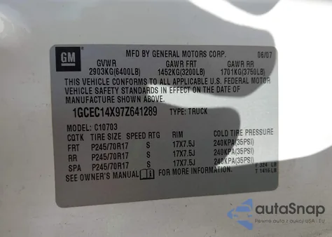 2007 Chevrolet Silverado 1500 Work Truck from USA, damaged, VIN 1GCEC14X97Z641289